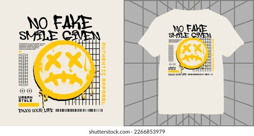 no fake smile given slogan print design, urban graffiti with smiley face illustration for streetwear graphic  clothing design, t shirt, hoodie and more.