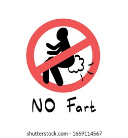 No Fart Sign vector illustration isolated on white background. Symbol for warning in vehicles, on board, hotel room, apartment, shopping mall. Funny sticker design. Filled outline, red crossed circle.