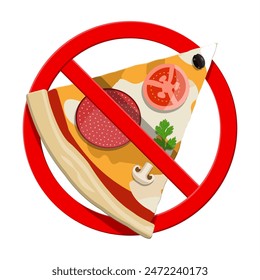 No fast food allowed. Ban pizza symbol. Prohibited banned unhealthy fastfood. Rejecting junk food, snacks. Fat, overweight. Vector illustration in flat style