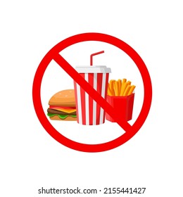 No fast food, no food allowed flat vector sign. Do not enter with food. No unhealthy eating. 