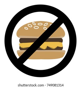 No fast food, ban hamburger symbol. Prohibited fast food burger, banned unhealthy fastfood, dont sandwich, vector illustration