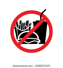 No fast food, black icon. Rejecting the offered junk food. Red prohibitory circle, cola, hamburger and french fries. Stop fat, calorie, unhealthy snack. Vector illustration flat design.