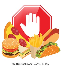 No fast food concept with red stop sign and unhealthy meals – burger, pizza, taco, hot dog, fries. Vector illustration  healthy eating, diet, nutrition and lifestyle choices
