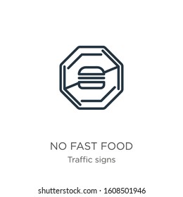 No fast food icon. Thin linear no fast food outline icon isolated on white background from traffic signs collection. Line vector sign, symbol for web and mobile