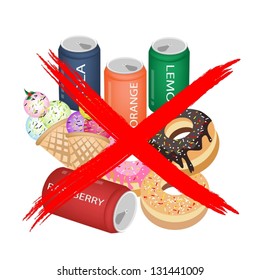 No Fast Food, An Illustration of Forbidden or Prohibition Sign on Different Types of Sweet Food, Soda Drink, Donuts and Ice Cream