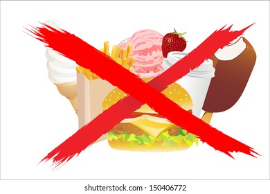 No Fast Food, An Illustration of Forbidden or Prohibition Sign on Different Types of  Food, Soda Drink and Ice Cream