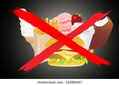 No Fast Food, An Illustration of Forbidden or Prohibition Sign on Different Types of Food, Soda Drink and Ice Cream