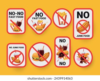 No fast food junk meal crossed red frame label design template set isometric vector illustration. Attention forbidden emblem with hamburger burger soda drink french fries hot dog ice cream donut