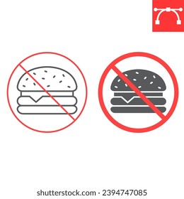 No fast food line and glyph icon, prohibition and forbidden, no burger sign, vector graphics, editable stroke outline sign, eps 10.