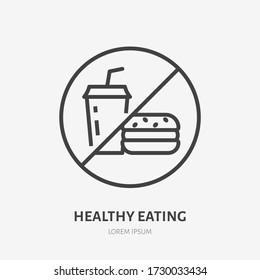 No fast food line icon, vector pictogram of unhealthy eating. Fastfood forbidden illustration, sign for diet.