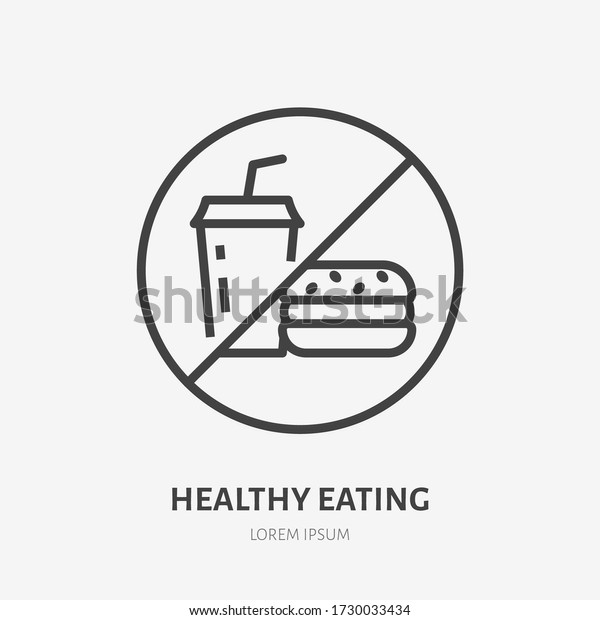 No fast food line\
icon, vector pictogram of unhealthy eating. Fastfood forbidden\
illustration, sign for\
diet.