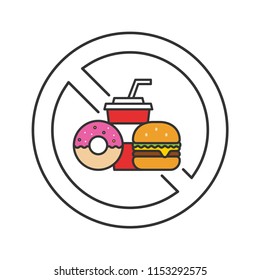 No Fast Food Sign, doughnut cake, burger and sparkling water, No Fast Food sign, healthy diet concept.  Isolate on white background.