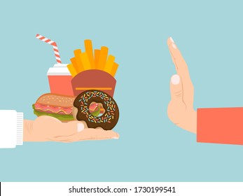 No fast food sign, propaganda banner, hand rejection from junk food isolated on blue, flat vector illustration. Healthy foodstuff activist, person monitors proper nutrition, refusal trash meal.