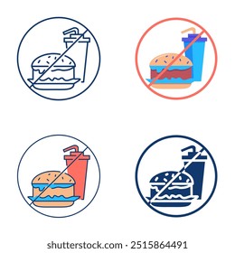 No fastfood icon set in flat and line style. Fast food prohibited, forbidden sign with hamburger and cola drink. Vector illustration.