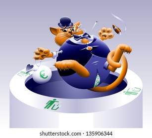 No Fat Cats 3: Cat In The Trash - The Corporate Or Wall Street Fat Cat. The Millionaire, Billionaire Big Money Man Banker. Symbol Of Greed & Corruption. Vector Contains Gradient Mesh.