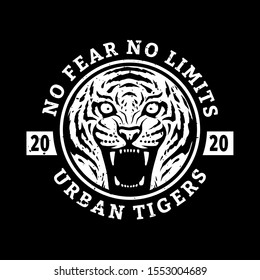 No fears, no limits. Tiger t-shirt design on a dark background.