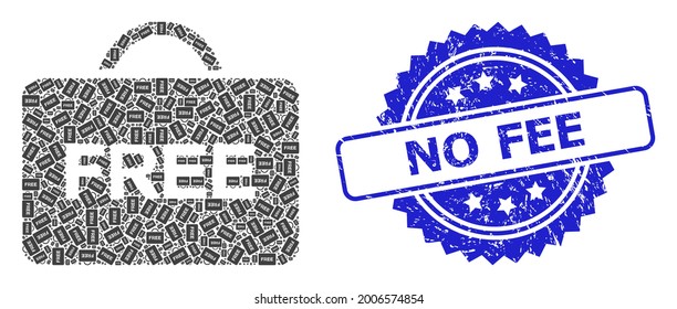 No Fee grunge seal print and vector recursive collage free case. Blue seal contains No Fee text inside rosette. Vector collage is constructed of recursive rotated free case icons.