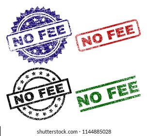 NO FEE seal prints with corroded surface. Black, green,red,blue vector rubber prints of NO FEE label with grunge surface. Rubber seals with circle, rectangle, rosette shapes.