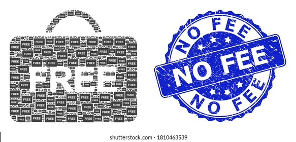 No Fee unclean round stamp and vector recursive collage free case. Blue stamp seal has No Fee caption inside circle shape. Vector collage is organized with random free case icons.