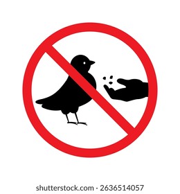 No feeding birds prohibition sign. Vector illustration red circle with diagonal bar, black bird, hand icon. Symbol, pictogram for parks, wildlife areas, stickers, signs.