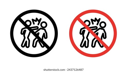 No Fight Sign Icon Set. Conflict violence forbidden vector symbol in a black filled and outlined style. Peace Only Sign.