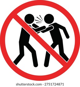 No fighting sign, stick figures, physical altercation, prohibition symbol, safety rule, public warning, violence prevention, flat vector illustration