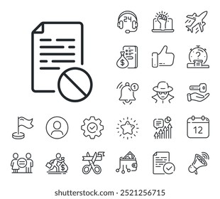 No file sign. Salaryman, gender equality and alert bell outline icons. Not allowed document line icon. Office note symbol. Wrong file line sign. Spy or profile placeholder icon. Vector