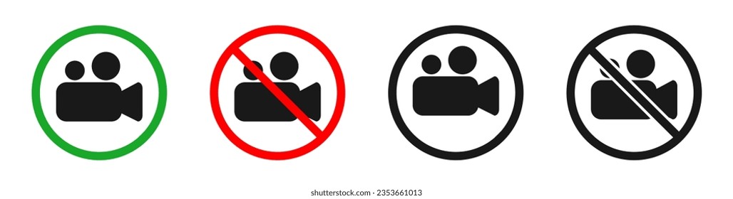 No filming, no shooting sign. Allowed camera, allowed shooting. recording area Printable stickers. Vector. Isolated on white background.