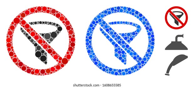 No filter mosaic of circle elements in variable sizes and shades, based on no filter icon. Vector circle elements are united into blue illustration. Dotted no filter icon in usual and blue versions.