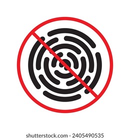 No fingerprint icon. Forbidden fingerprint icon. No scan vector sign. Prohibited scaning vector icon. Warning, caution, attention, restriction flat sign design. Do not scan fingerprint icon