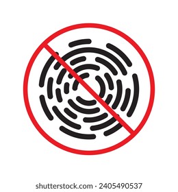 No fingerprint icon. Forbidden fingerprint icon. No scan vector sign. Prohibited scaning vector icon. Warning, caution, attention, restriction flat sign design. Do not scan fingerprint icon