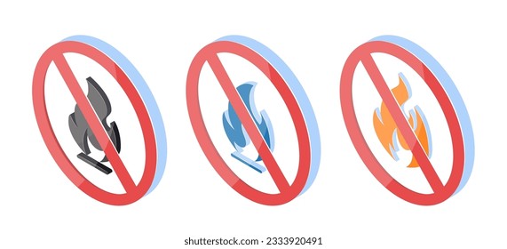 No fire 3d icons in isometric view. Hazard signs with blue and orange flames. Vector illustration isolated on a white background.