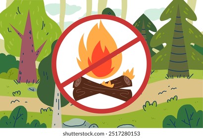 No fire bonfire campfire in wood forest prohibition sign concept. Vector graphic design illustration