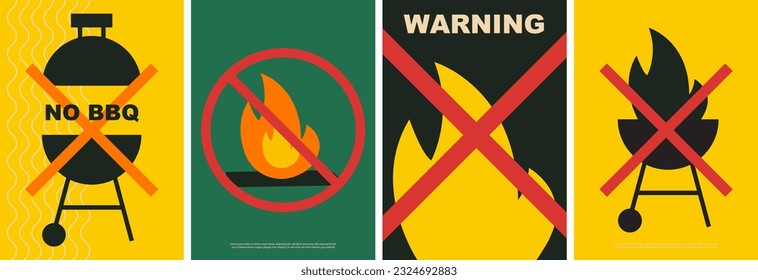 No hay colección de incendios. No hay fuego. No hay fogata en el concepto de prohibición de bosques de madera. Ilustración vectorial plana, geométrica, de estilo moderno para web, emblema, cartel, afiche. Concepto de prevención de la quema de bosques.