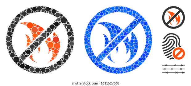 No fire composition of small circles in variable sizes and color tints, based on no fire icon. Vector small circles are composed into blue collage. Dotted no fire icon in usual and blue versions.
