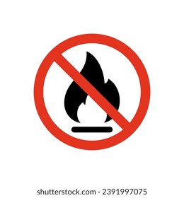 No Fire, el icono de la llama cruzado en círculo rojo. Grabar el signo aislado en el fondo blanco. Ilustración del vector