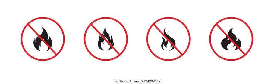 No Fire and Flame Prohibited Icon Sign - Conjunto de símbolos de Vector. No hay icono de señal de llama. Icono de señal de advertencia de prohibición de incendios Vector mínimo. 