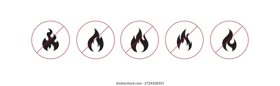 Sinal de ícone proibido para fogo e chama - conjunto de símbolos vetoriais. Nenhum ícone de sinal de chama. Ícone Mínimo De Vetor De Sinal De Proibição De Fogo. 