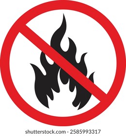 No Fire , forbidden fire smoking and no open fire burning red sign. No open flame sign symbol, Stop bonfire icon. No fire icon. Red ban of flame sign, Match flame is prohibited, flame restriction.