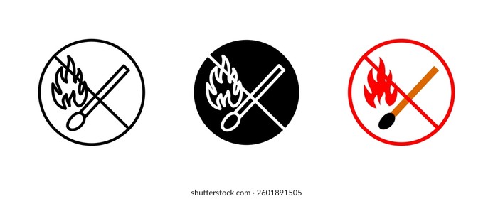 No fire icon. Burning match prohibition vector illustration. Flammable materials warning symbol for safety, hazard prevention and fire risk awareness.