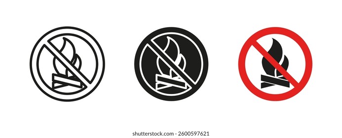 No fire icon. Campfire prohibition vector illustration. Safety warning sign for fire hazards. Flammable material restriction, security and prevention pictogram for danger zones and outdoor areas.
