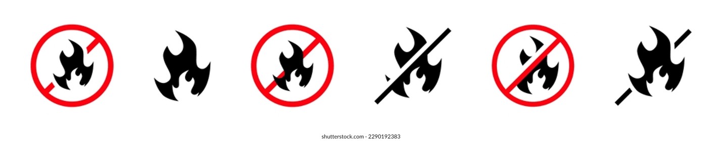 No hay ningún icono de incendio. Colecciones de signos de iconos de prohibición de incendios. Disparo símbolos prohibidos. EPS 10
