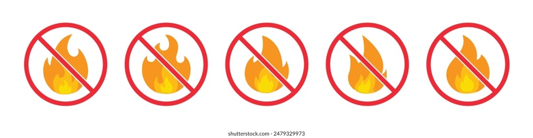 No fire icon set. No fire restriction vector icon set with red cross mark. No fire sign vector icon. Stop fire sign with flame. 