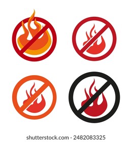 No fire icons. Flame prohibition symbols. Red, orange, and black circles. Safety warning signs.
