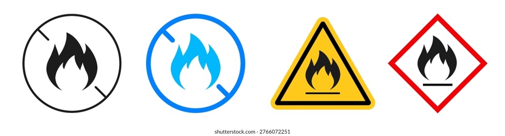No fire icons. Flammable material warning sign, indicating flammable gases, aerosols, liquids or solids, flammable hazard icon. Fire ban and prohibition symbol