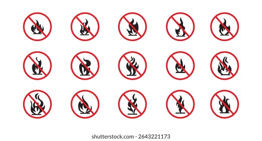 No fire red sign. Flame not allowed. Flammable symbol. Prohibition sign preventing campfires and bonfires, ideal for indicating fire hazard areas.