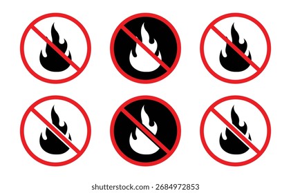 No hay señal roja de fuego. Llama no permitida. Vector de símbolo inflamable.