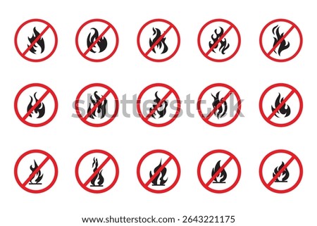 No fire red sign. Flame not allowed. Flammable symbol. Prohibition sign preventing campfires and bonfires, ideal for indicating fire hazard areas.