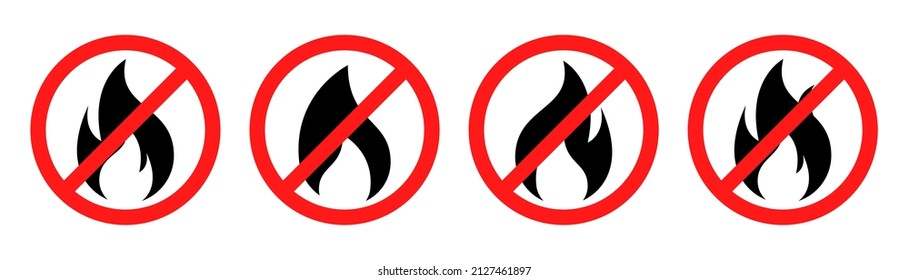 No fire restriction. No fire flame icon in red circle. Fire symbol in black. Red fireball sign. No campfire symbol. Flame vector. Stock vector illustration