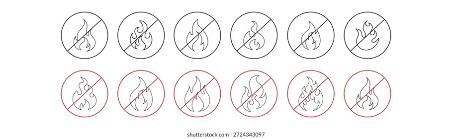 No fire restriction icon set. Stop fire icon. Stop fire sign with flame. Bonfire, No open flame sign. No fire, prohibits open flames, not lighting a Bonfire, or using open flames